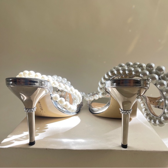 MACH & MACH Pearl Bow Square Toe Sandals in Silver Leather - Picture 13 of 14